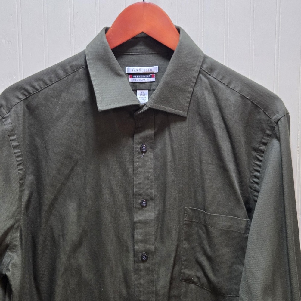 Van Heusen Dress Shirt Mens 16.5 34/35 Green Wrinkle Free Long Sleeve Twill